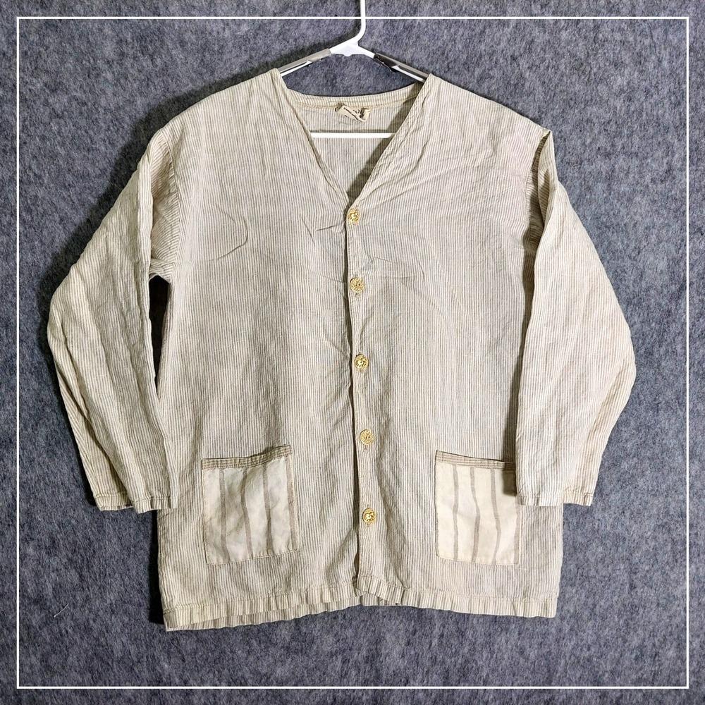 Liz & Jane Somewhat Funky Women L Beige Striped Button Up Cardigan Jacket Pocket